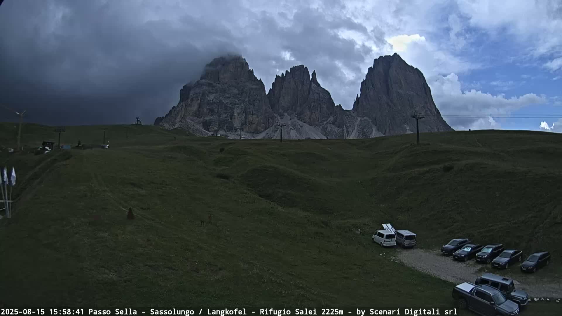 A grassy mountaintop parking lot with several cars is situated below a range of rocky, light-colored peaks under a mostly sunny sky with some scattered clouds.