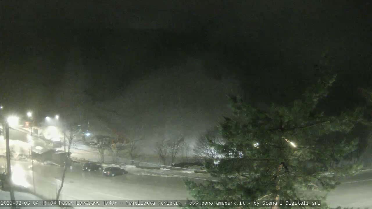 A nighttime scene of a snow-covered road with several cars parked and a few driving, under heavy snowfall.