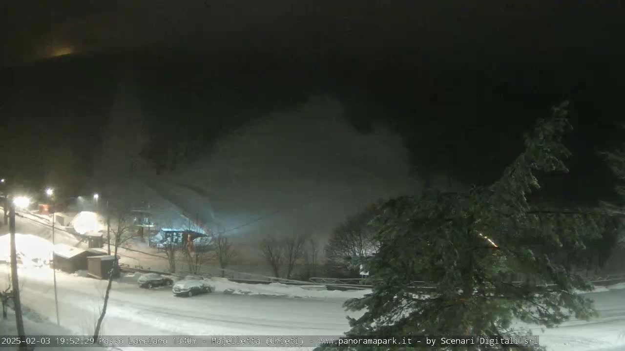 A nighttime snow scene shows a snow-covered parking lot with several cars, buildings, and trees under a dark, cloudy sky.
