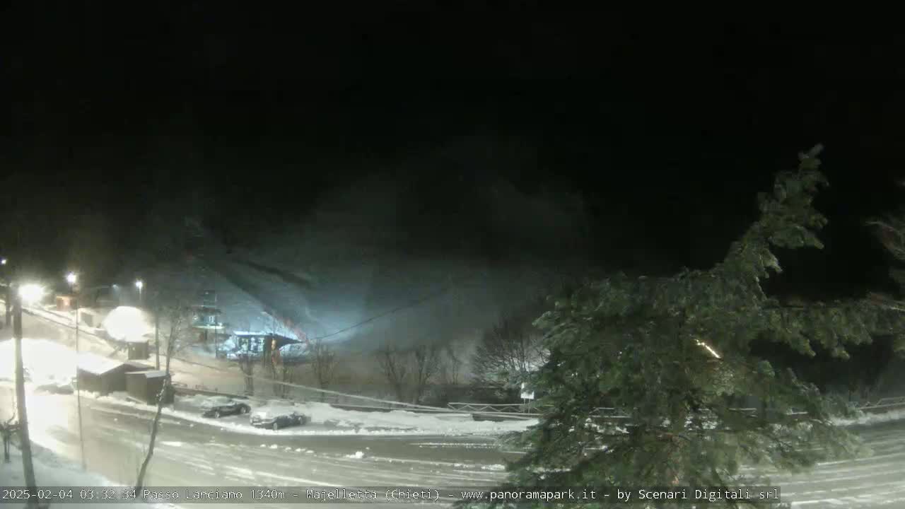 A nighttime snow scene shows a snow-covered parking lot and ski slope, with some light snow falling.
