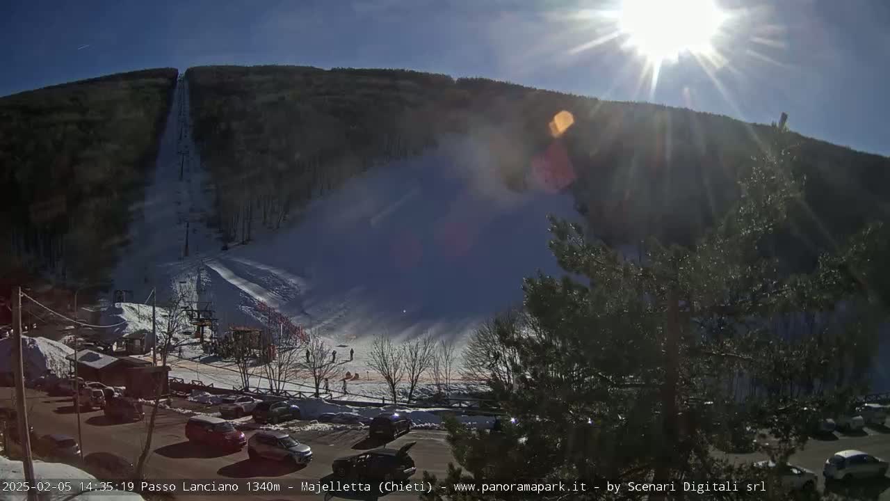 A sunny day at a snow-covered ski resort shows a ski lift ascending a mountainside, with a parking lot full of cars at the base.