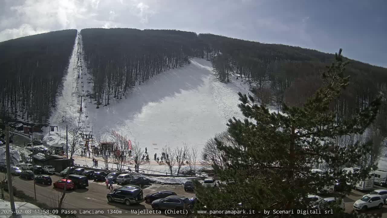 A snow-covered ski slope on a sunny day, with a chairlift and a parking lot full of cars at the base.
