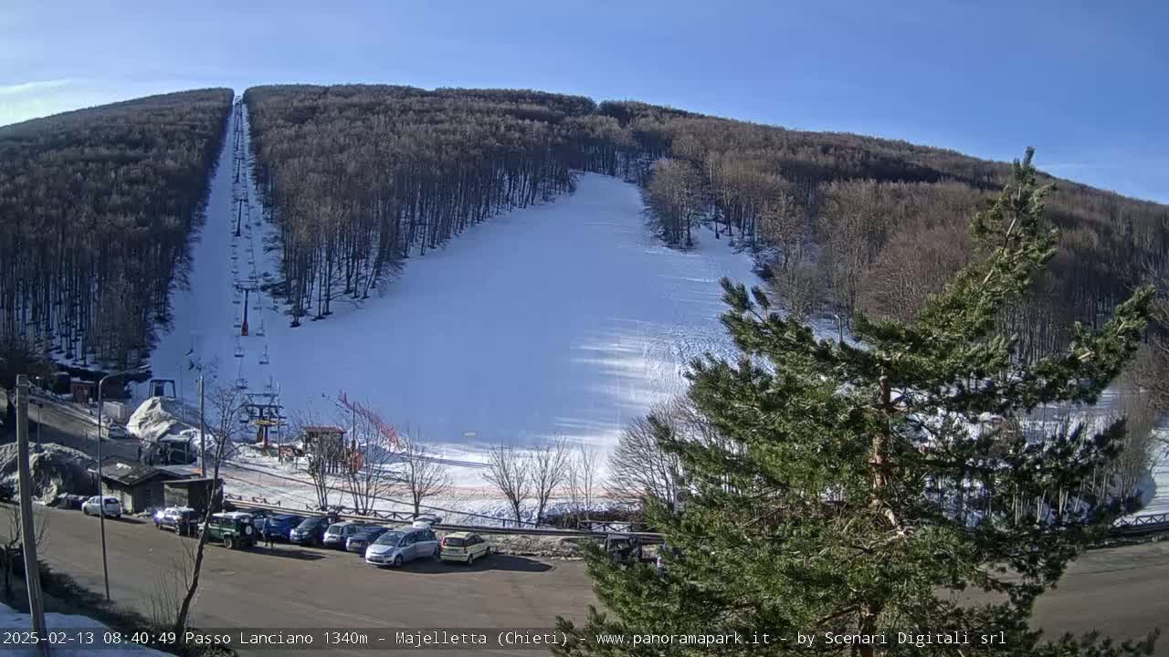 A ski slope on a sunny day is nestled in a snow-covered forest, with a chairlift visible and several cars parked in a lot below.