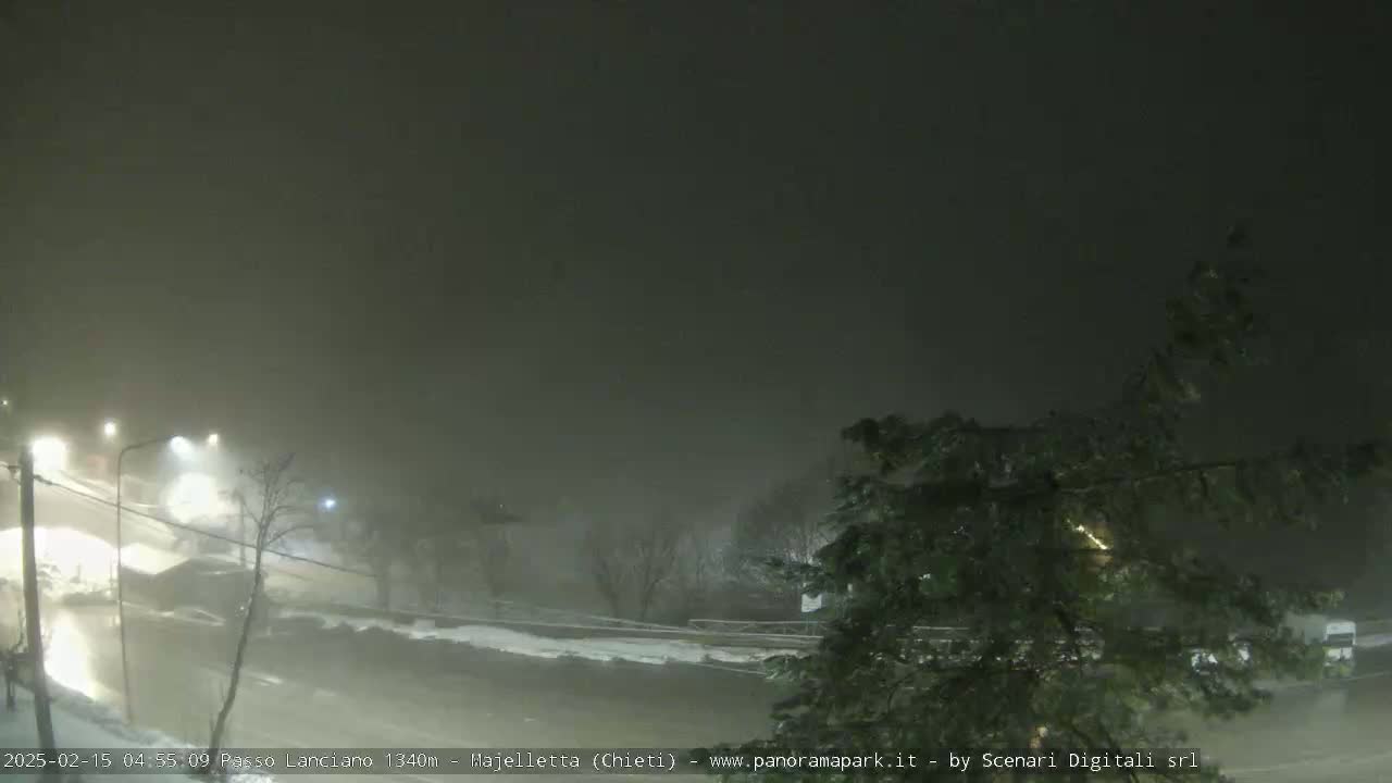 A nighttime, snowy scene shows a road with sparsely-lit streetlights and low visibility due to heavy snow.