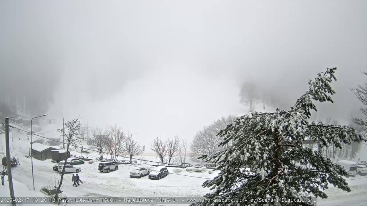 A snow-covered parking lot with several cars, and a few people walking, is visible below a heavy fog that obscures the surrounding snowy landscape.