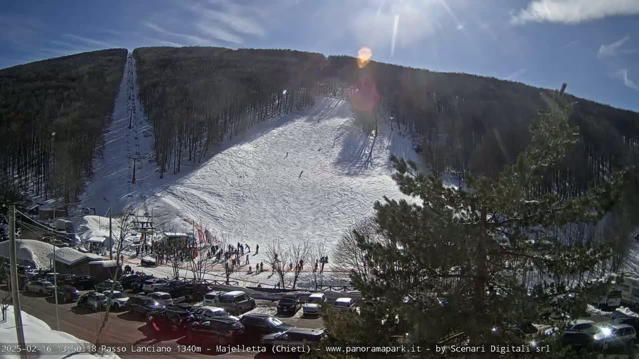 A ski slope with a chairlift and a parking lot full of cars is visible under a sunny sky.