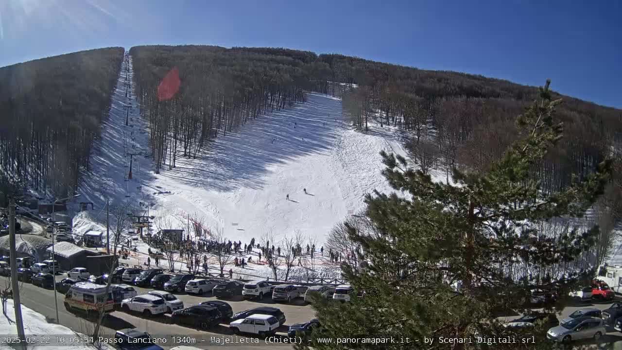 A snow-covered ski slope on a sunny day, with a chairlift visible and numerous skiers and parked cars at the base.