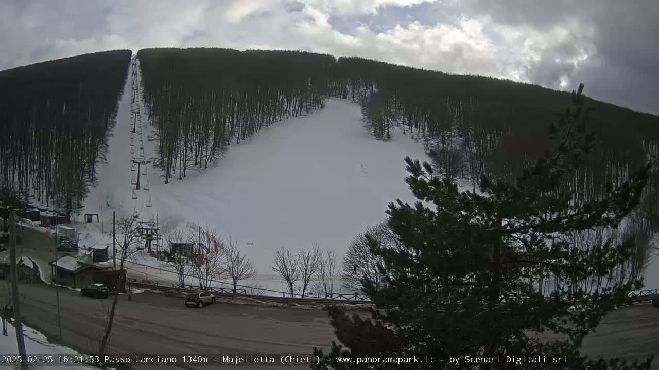 A snow-covered ski slope with a chairlift ascends a hill covered in dark, snow-dusted trees under an overcast sky.