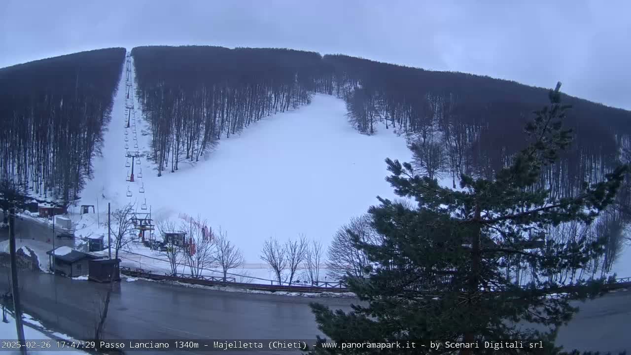 A ski slope with a chairlift is visible, surrounded by snow-covered trees under an overcast sky.
