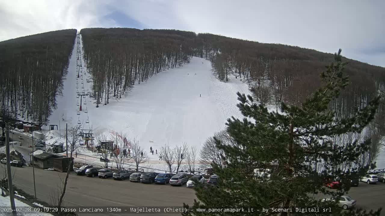 A snow-covered ski slope with a chairlift and parked cars is visible under a mostly clear sky.
