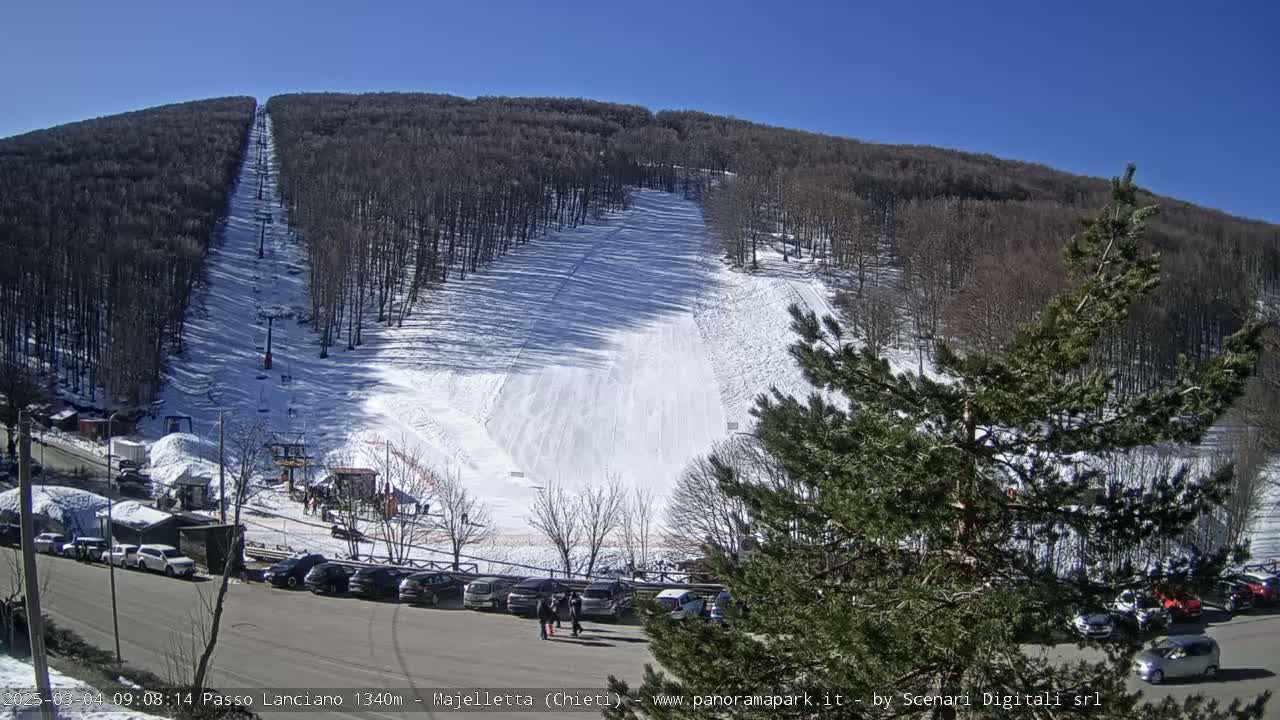 A ski slope on a sunny day, with a chairlift visible, numerous cars parked in a lot, and a few people near the base of the hill.