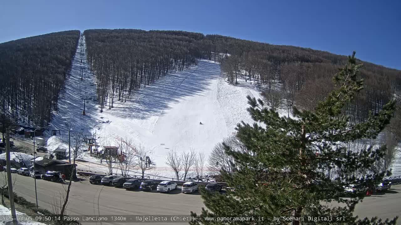 A snow-covered ski slope on a sunny day, with a parking lot full of cars at the base and a sparsely populated ski lift running up the hill through a forest.
