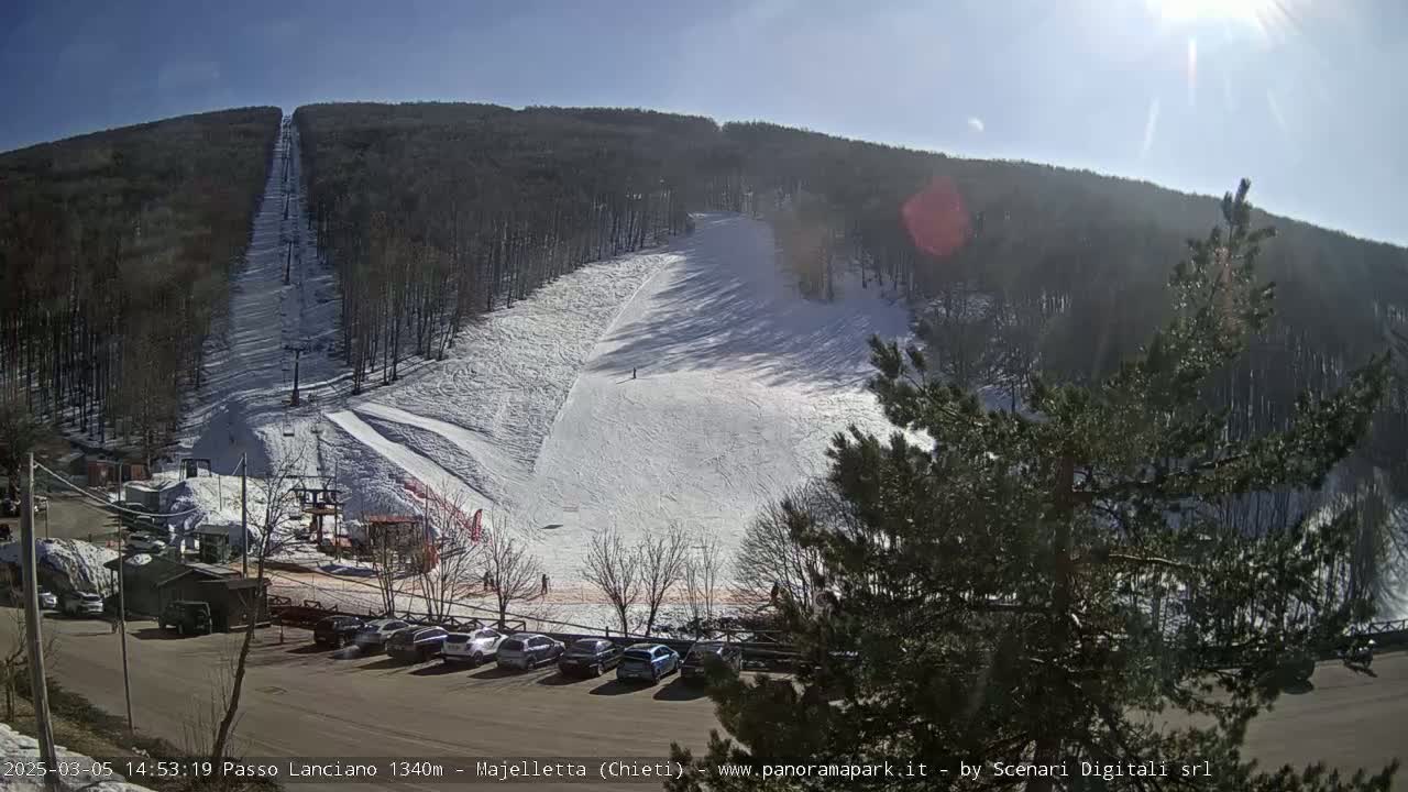A sunny day at a snow-covered ski slope, with a ski lift visible and cars parked in a lot below.