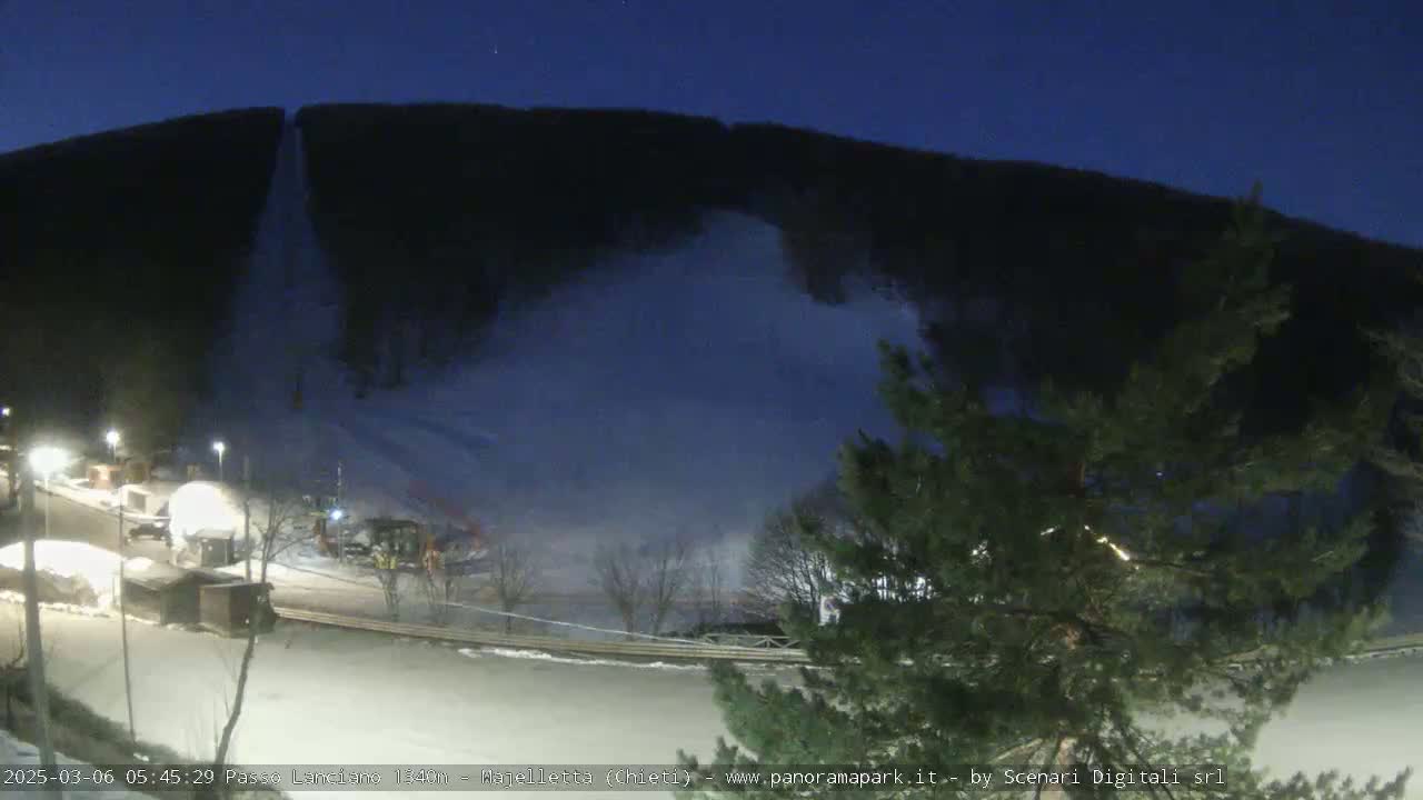 A nighttime snow scene shows a snowy hillside with snow blowing off of it, a small parking lot with vehicles, and a few buildings, all under a dark, mostly clear night sky.