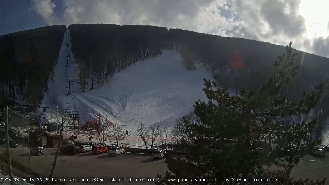 A ski slope on a partly cloudy day is shown with a chairlift ascending a snow-covered hill surrounded by dark trees, and a parking lot with several cars at the base.