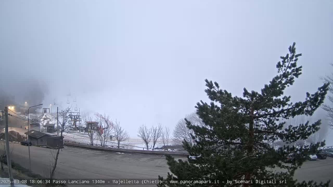 A foggy view of a ski resort with a chairlift and a parking lot, partially obscured by pine trees in the foreground.