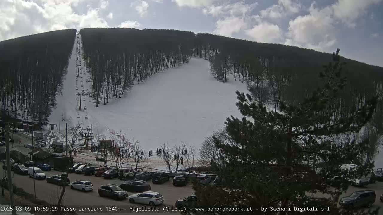 A snow-covered ski slope on a partly cloudy day is surrounded by a forest, with a ski lift and a parking lot full of cars visible at the bottom.