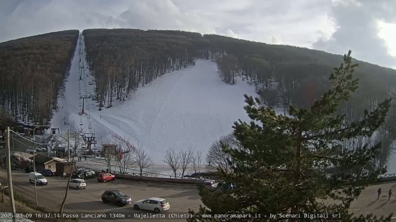 A ski slope on a snow-covered hillside with a chairlift, surrounded by leafless trees under an overcast sky, is viewed from a parking lot with several cars.