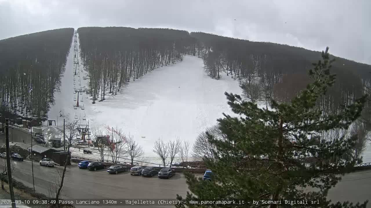 A snow-covered ski slope on a hill surrounded by trees in overcast weather, with cars parked in a lot at the bottom.