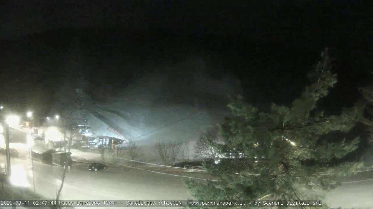 A nighttime, snowy scene shows a road curving past a snow-covered hill with buildings and lights, partially obscured by blowing snow and a pine tree in the foreground.