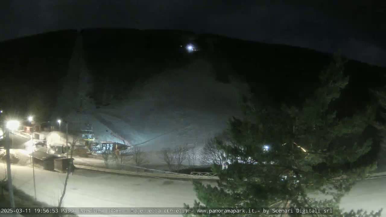 A nighttime view of a snow-covered ski slope with lights illuminating the lower area and surrounding trees.
