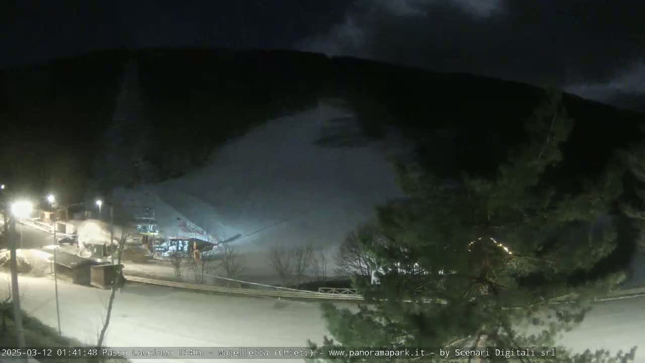 A snow-covered landscape at night, illuminated by streetlights, with a dark, cloudy sky.