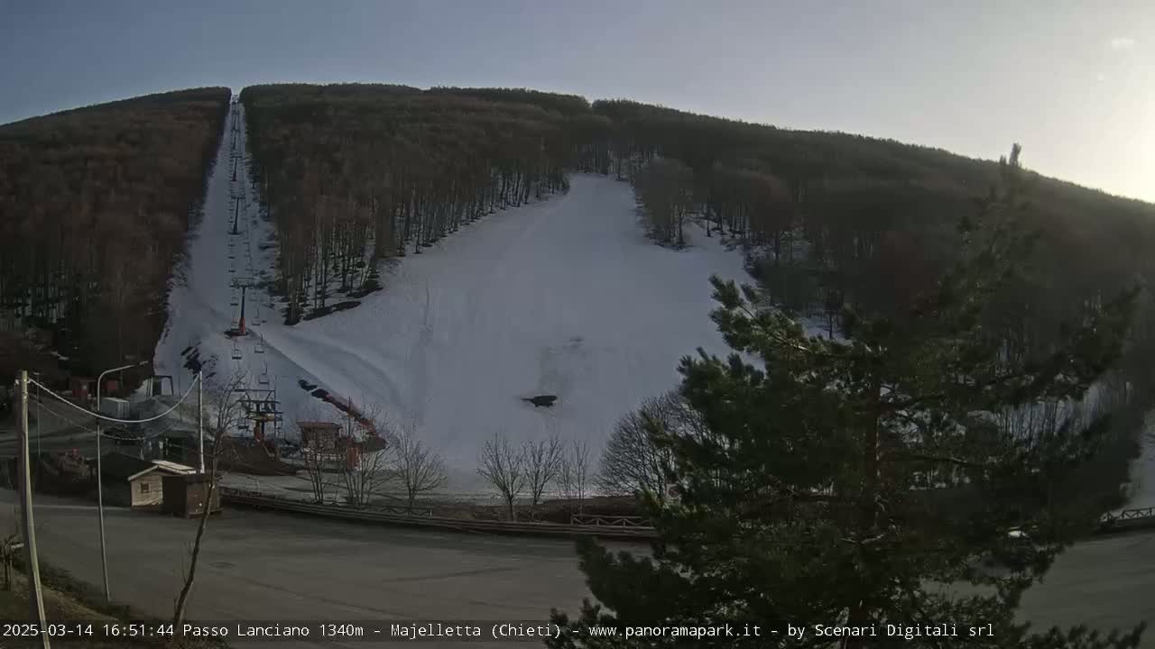 A ski lift ascends a snow-covered hill surrounded by a forest under a clear, bright sky.