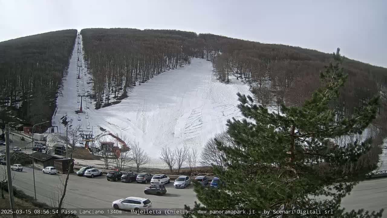 A snowy ski slope on a partly sunny day is visible, with a chairlift ascending a forested hillside, and cars parked in a lot at the base.