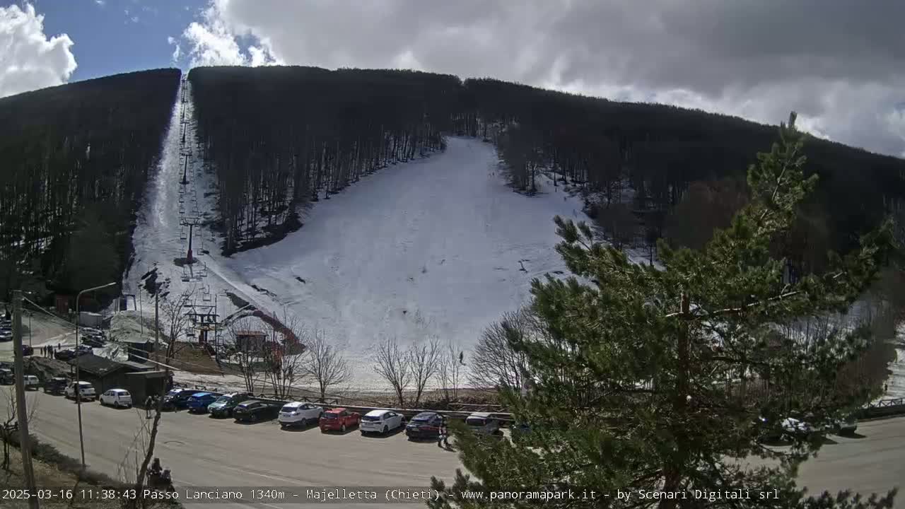 A snow-covered ski slope with a chairlift and a parking lot full of cars is visible under partly cloudy skies.