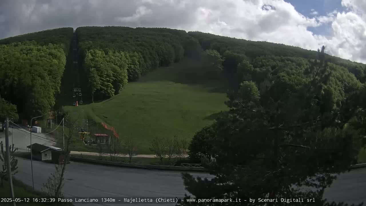 A chairlift ascends a grassy hill surrounded by a lush green forest under a partly cloudy sky.