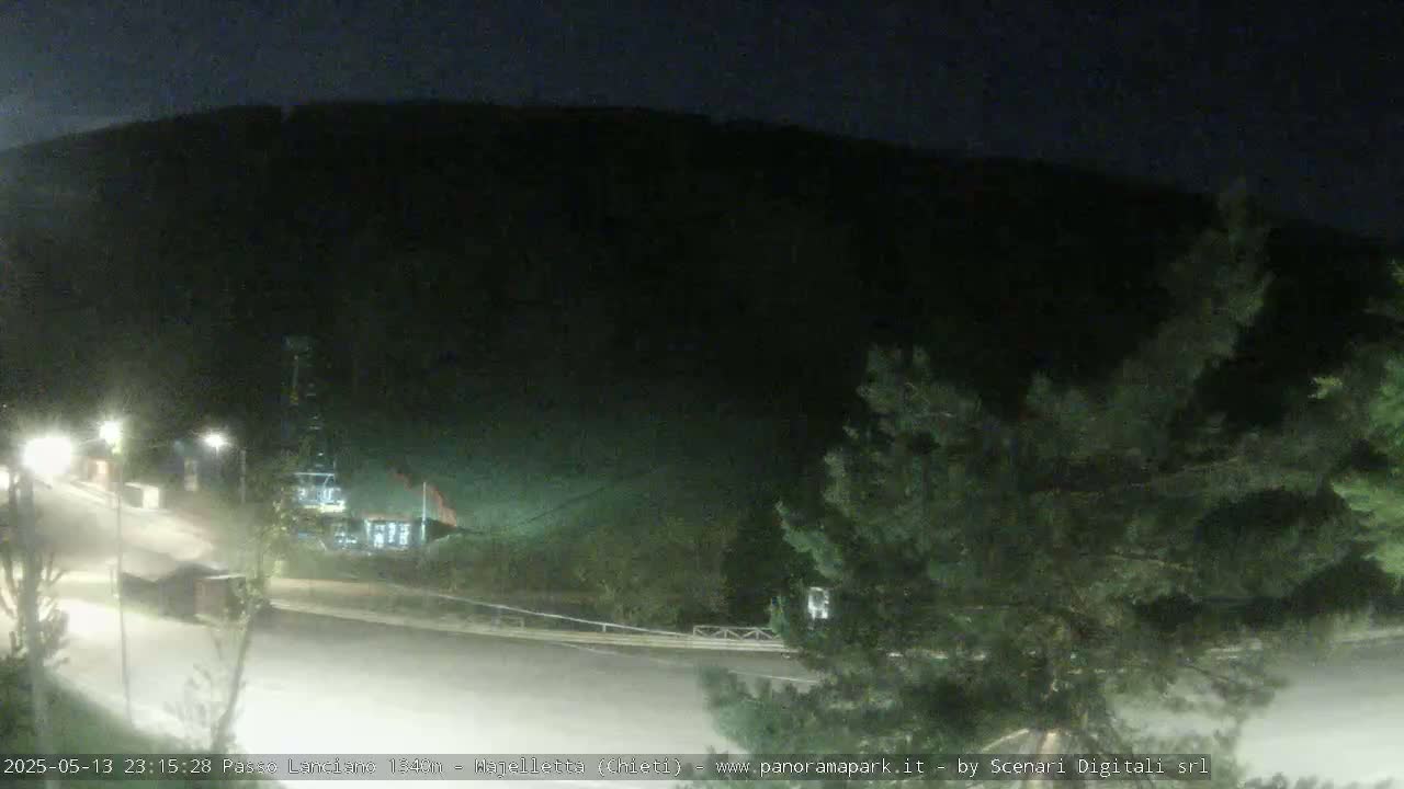 A nighttime view of a roadway leading to a dark mountainside, illuminated by streetlights, with some vegetation visible in the foreground.