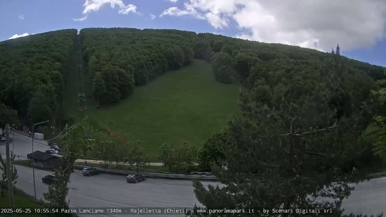 A grassy hillside with a chairlift running up its center is partially obscured by trees under a partly cloudy sky, with a small parking lot and roadway visible at the base.