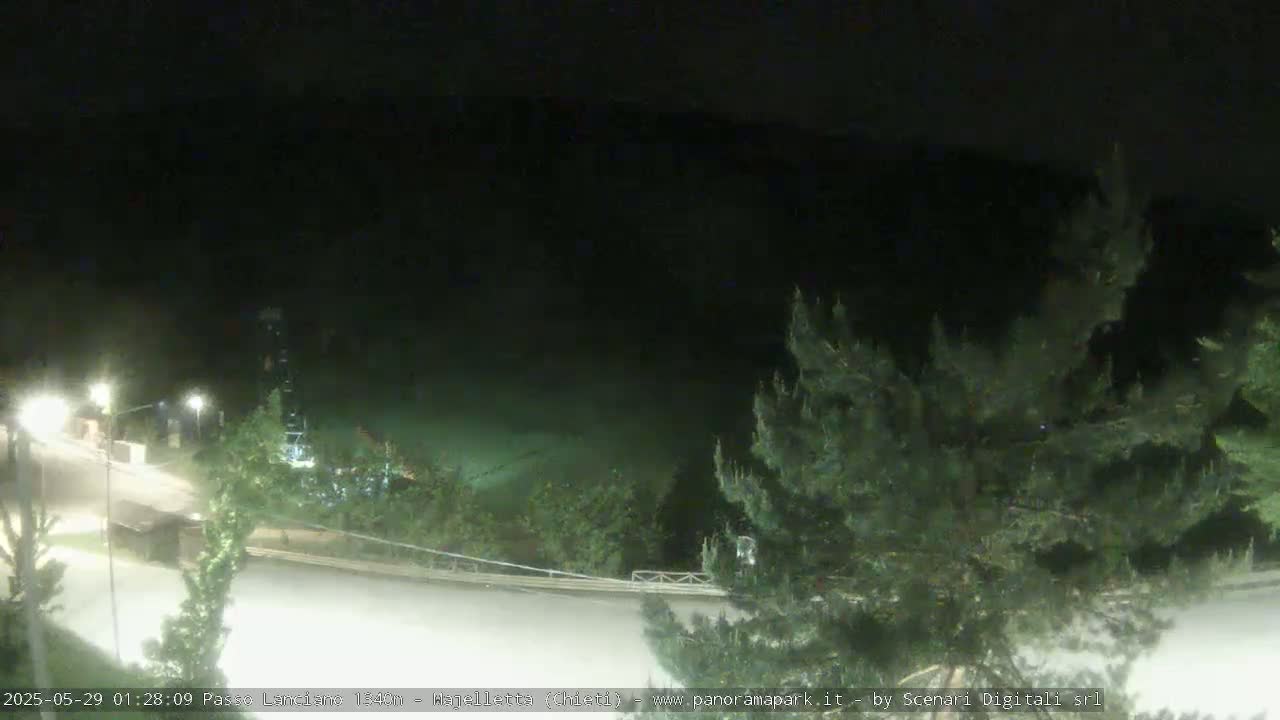 A nighttime, overhead view of a dark body of water bordered by trees and a paved road with some lights visible.