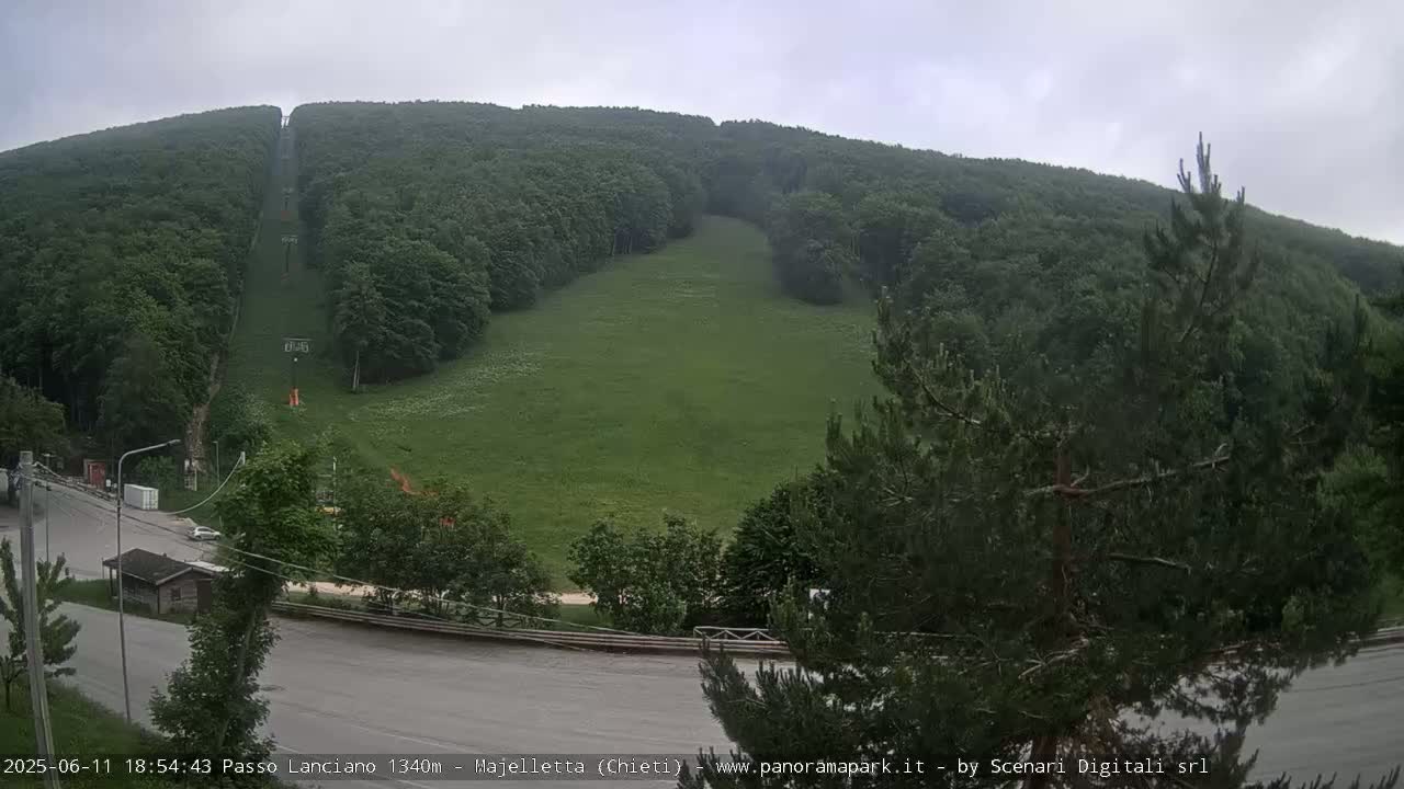 A grassy hillside with a chairlift and a road running along the base under an overcast sky.