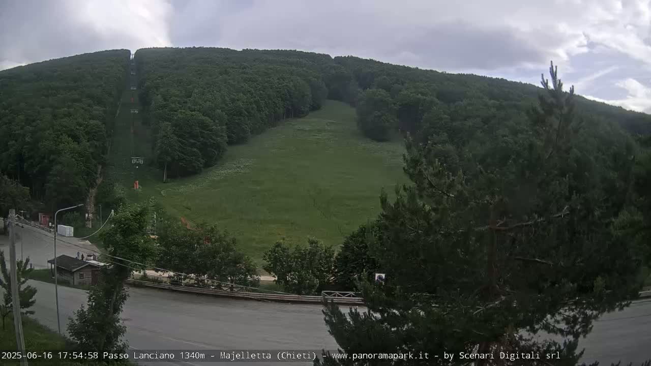 A grassy hillside with a chairlift and surrounding forest is visible under an overcast sky.