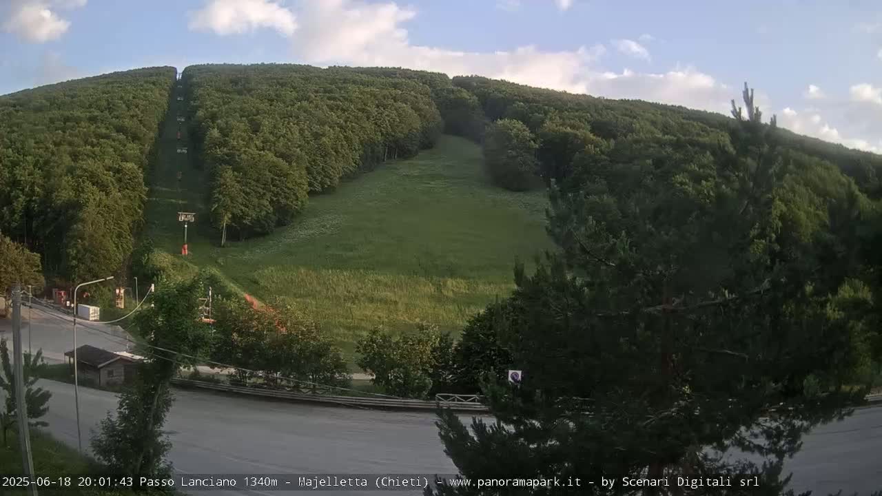 A grassy hillside, sparsely treed, with a chairlift running up its center, is viewed from below under a partly cloudy sky.