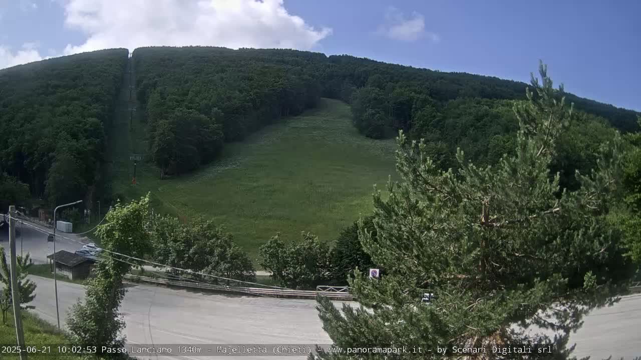 A grassy hillside with a chairlift and a road at the bottom, under a partly cloudy sky.
