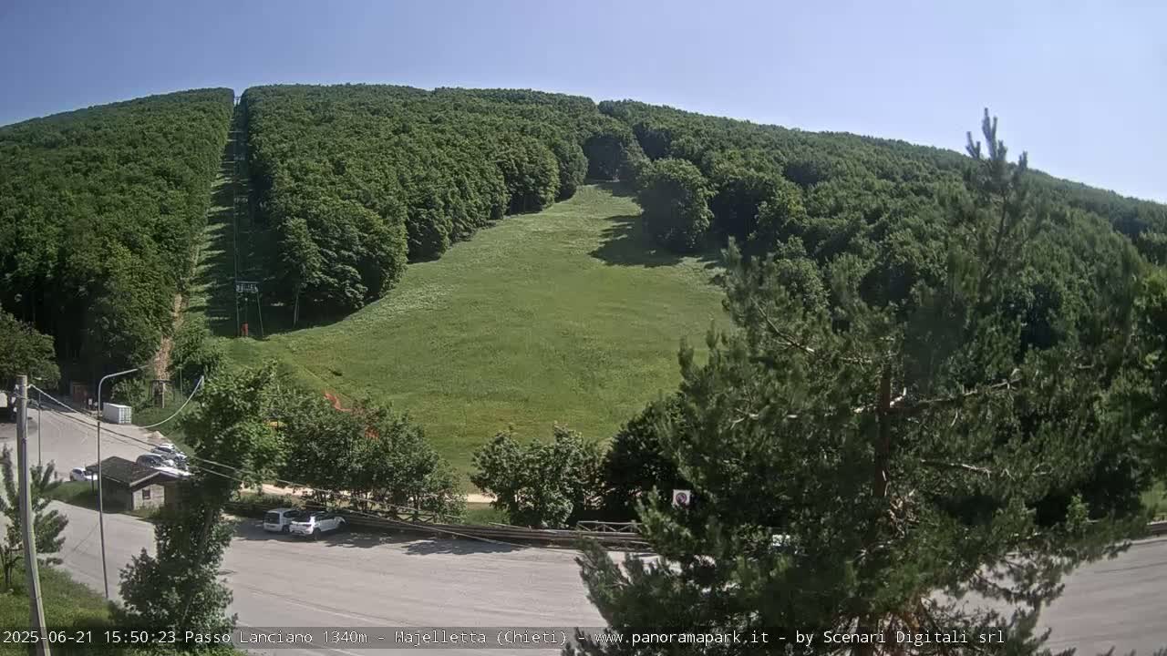 A grassy hilltop clearing, surrounded by lush green forests, is visible under a clear blue sky.