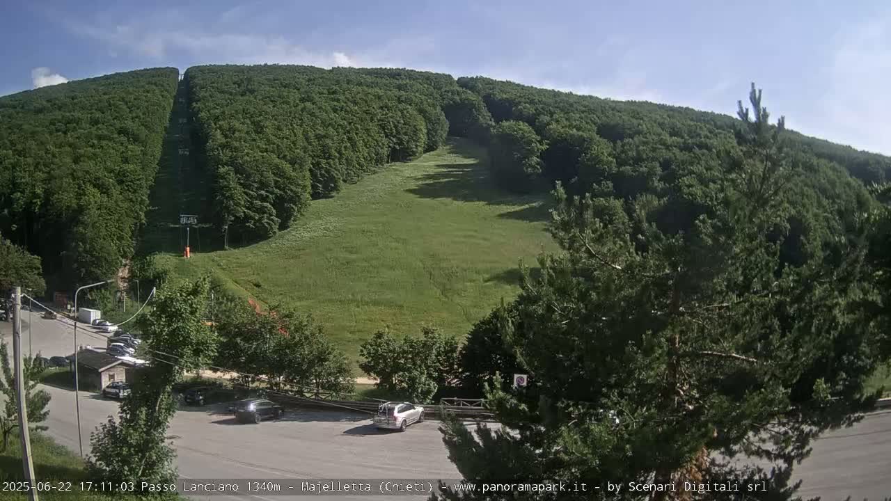 A grassy hillside, bordered by lush green forests, shows a chairlift ascending to the summit under a clear, sunny sky.