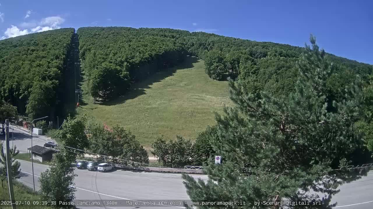 A grassy hillside, flanked by lush green forests, is visible under a clear blue sky; a chairlift runs up the center of the hill, and a road with parked cars is seen at the bottom.