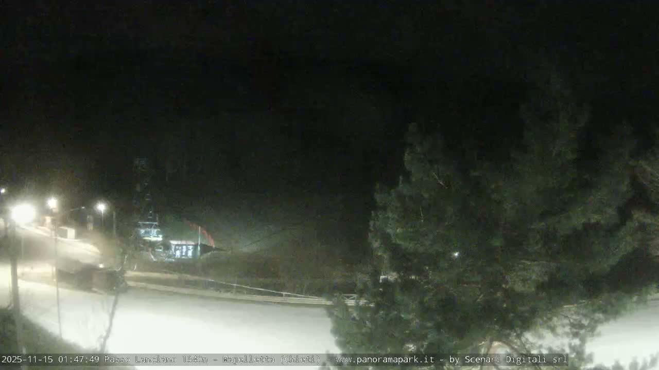 A dark, snowy outdoor scene at night, illuminated by artificial lights, features a road or path on the left, a prominent evergreen tree on the right, and a distant ski-lift-like structure, under clear skies.