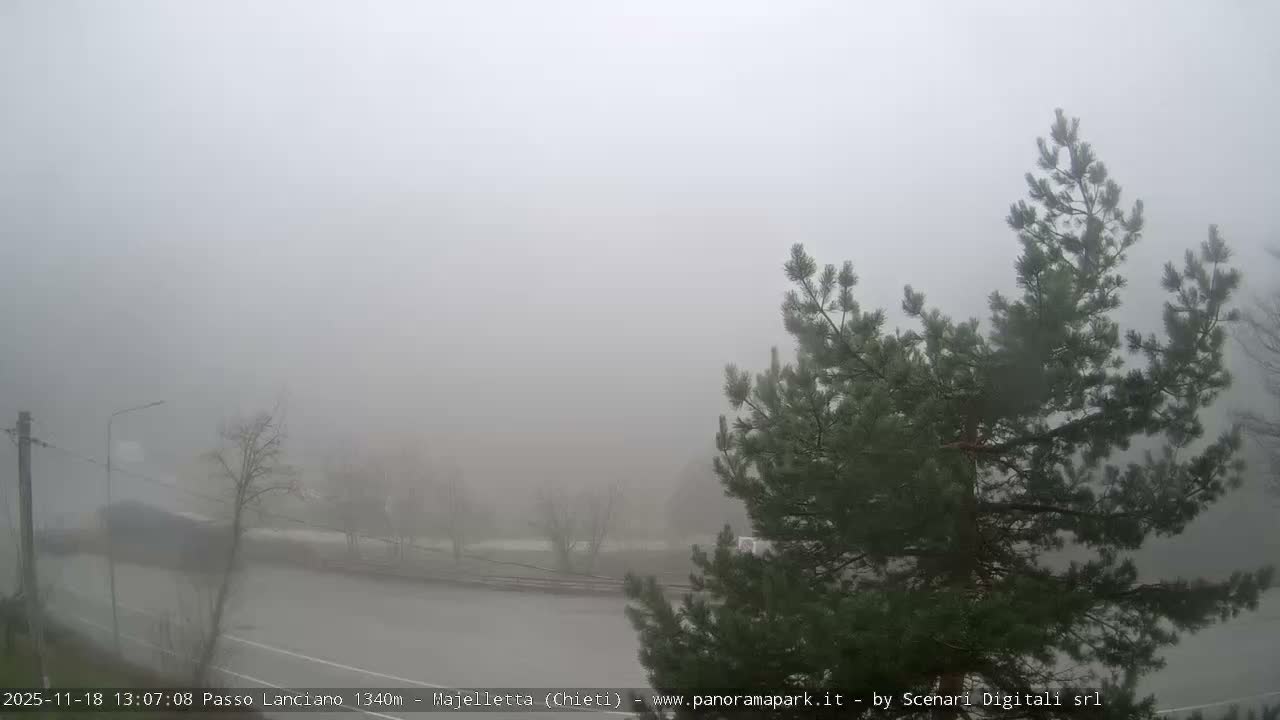 A dark, snowy outdoor scene at night, illuminated by artificial lights, features a road or path on the left, a prominent evergreen tree on the right, and a distant ski-lift-like structure, under clear skies.