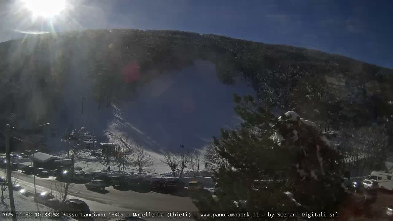 On a bright, sunny winter day with clear skies, a snow-covered mountain slope dominates the background above a road lined with parked cars, snow-dusted trees, and scattered buildings.