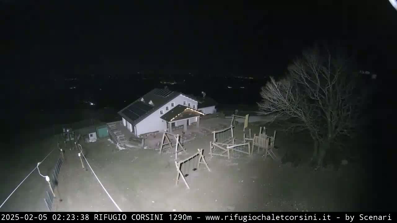 An overhead nighttime view shows a building with solar panels, a playground, and a bare tree under a dark sky.
