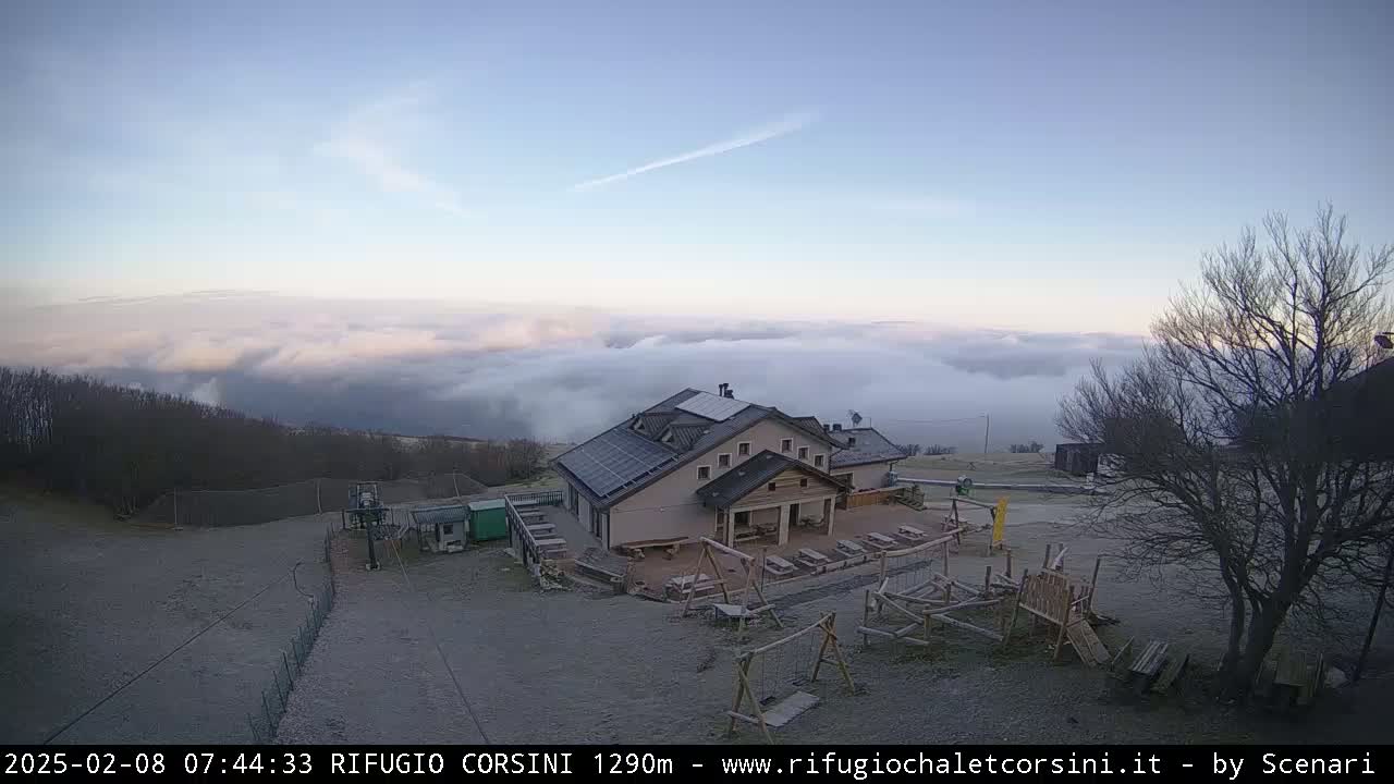 A mountaintop building with solar panels sits above a layer of clouds under a clear sky.