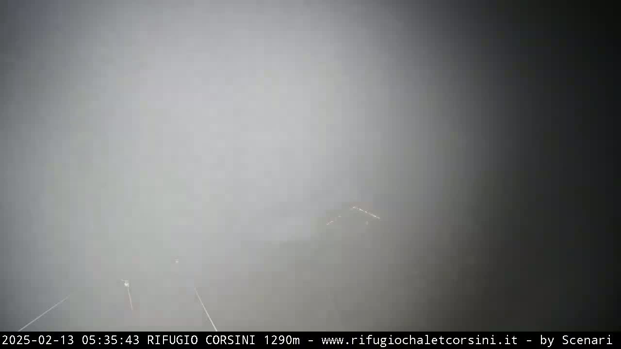 A foggy road is visible with faint lights of vehicles in the distance.