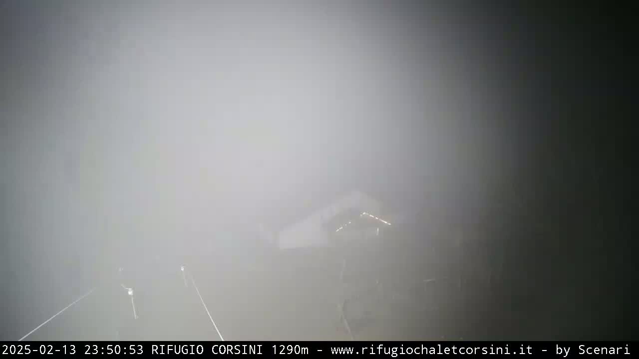 A blurry, foggy view of a structure, possibly a building, is visible in the distance.