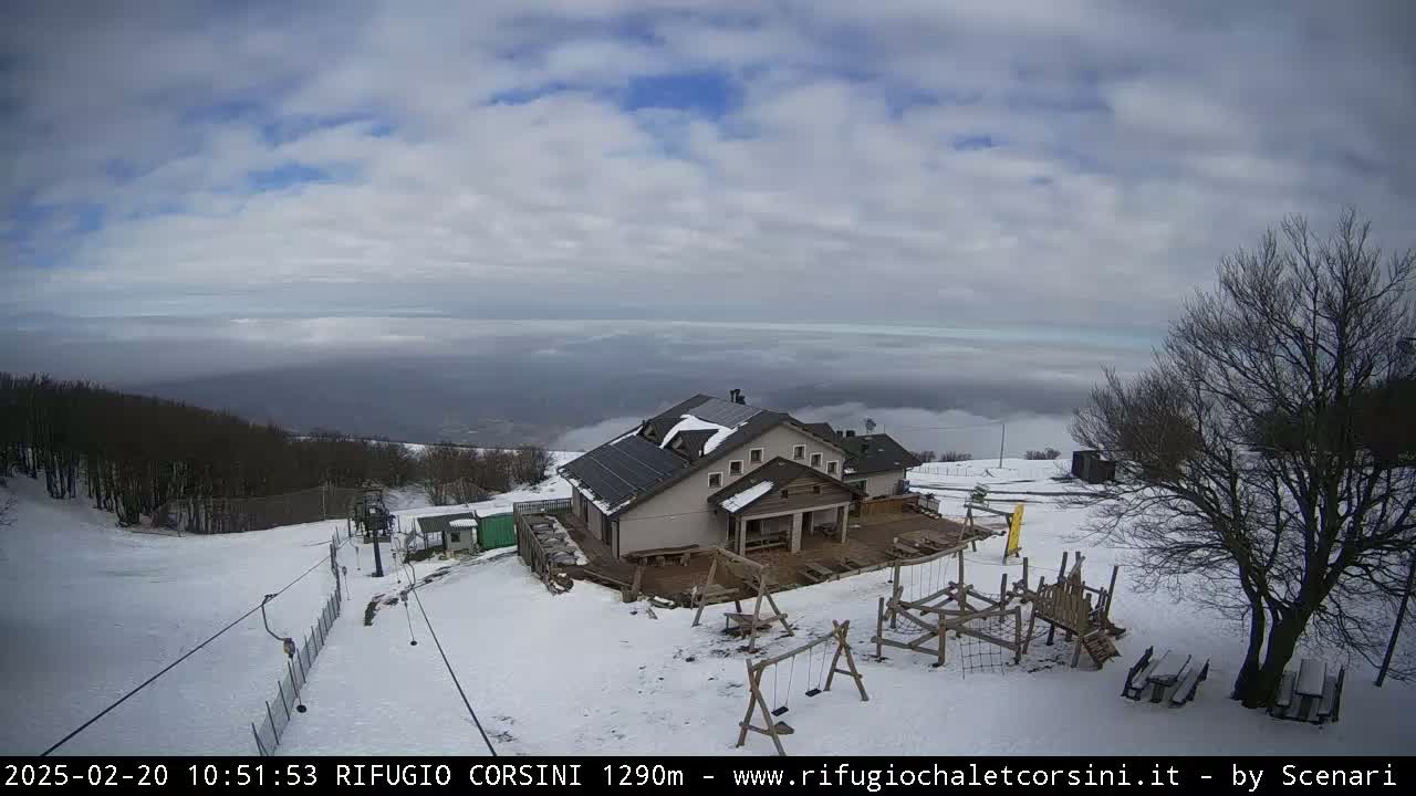 A snow-covered mountaintop scene features a building with solar panels, a playground, and a ski lift, all under a partly cloudy sky with a layer of fog in the distance.