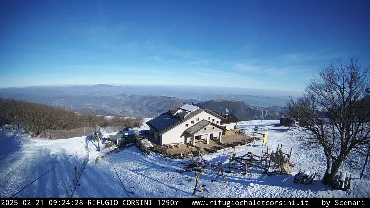 A mountaintop lodge with a snow-covered surrounding area and a clear blue sky is visible.