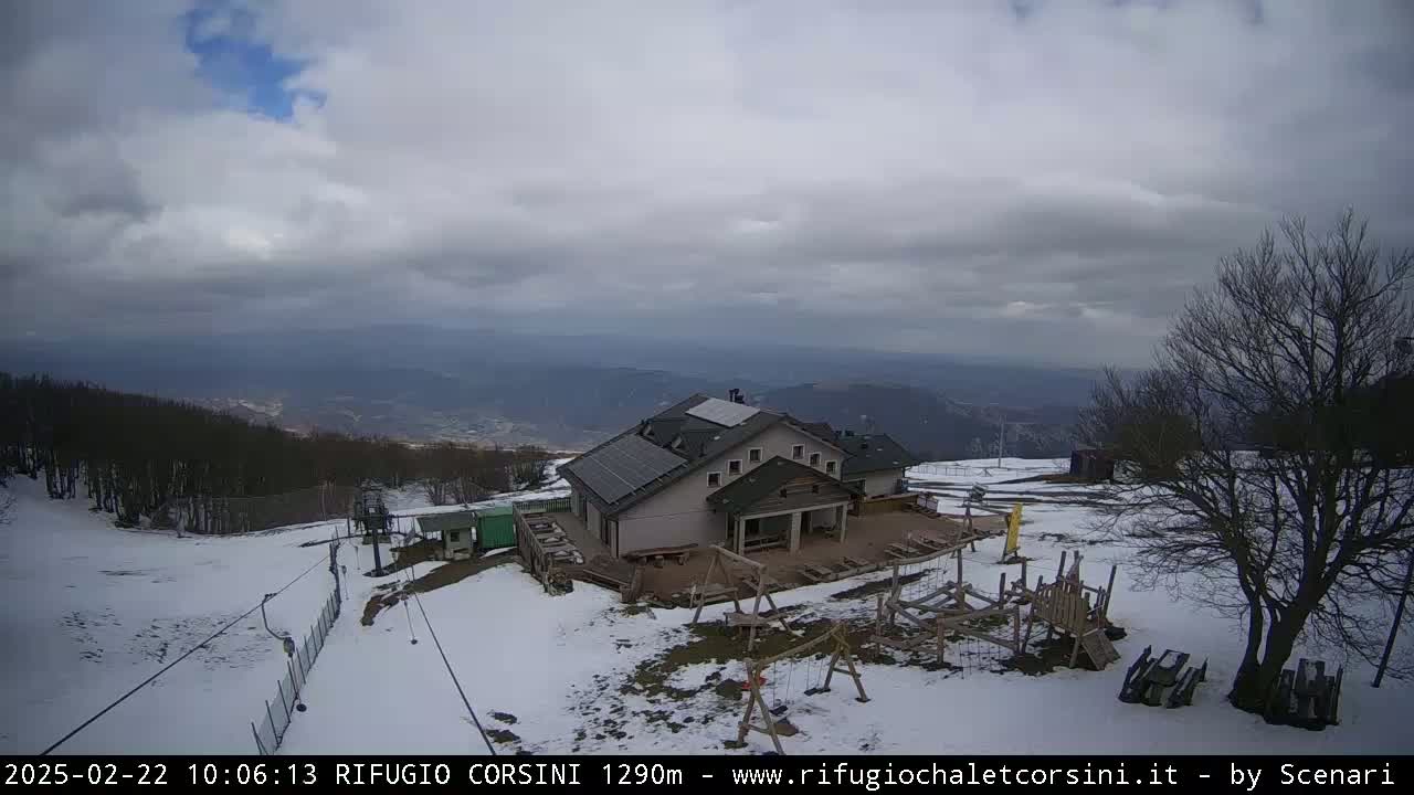 A mountaintop building with a playground is partially covered in snow under an overcast sky.
